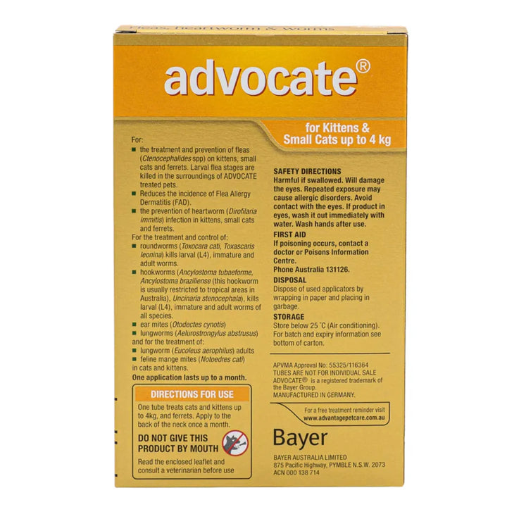 ADVOCATE CAT 0-4KG SMALL CATS & KITTENS 3'S ORANGE back