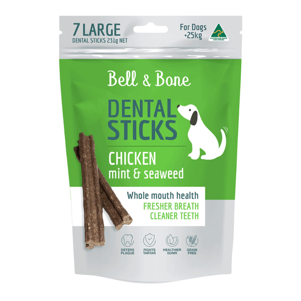 BELL & BONE DOG DENTAL STICKS CHICKEN MINT & SEAWEED LG