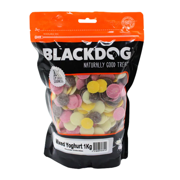 Blackdog dog treat package with colorful treats inside on a white background