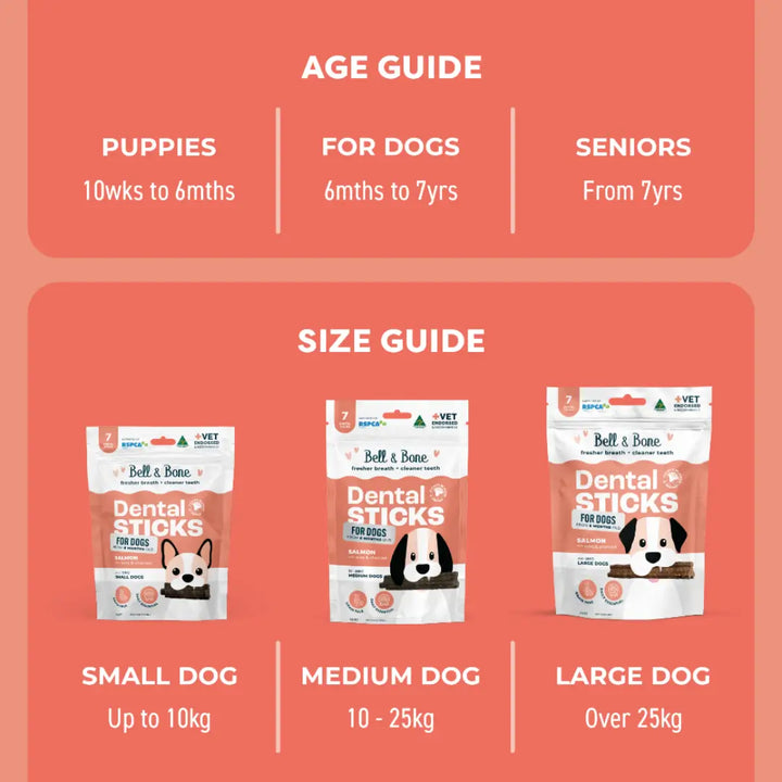 Age and size guide for Bell & Bone Dental Sticks on a red background