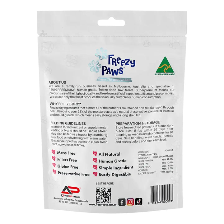 Freezy Paws Freeze Dried Green Lipped Mussels Treats 50g  back