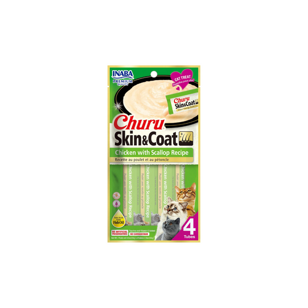 INABA CAT CHURU PUREE SKIN & COAT CHKN SCALLOP 56G 6PK(OM6)