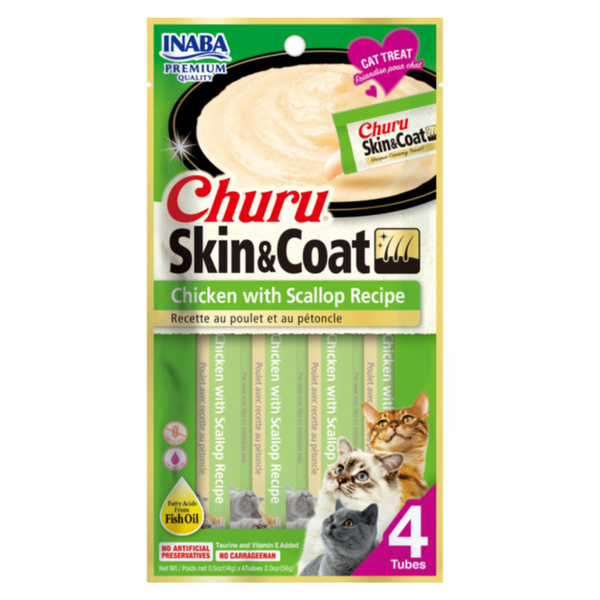 INABA CAT CHURU PUREE SKIN & COAT CHKN SCALLOP 56G 6PK(OM6)