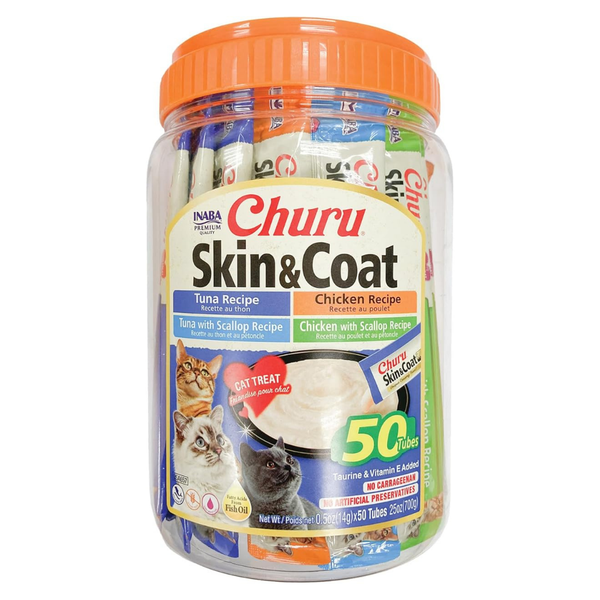 INABA CAT CHURU PUREE SKIN & COAT VARIETIES 50PK TUB