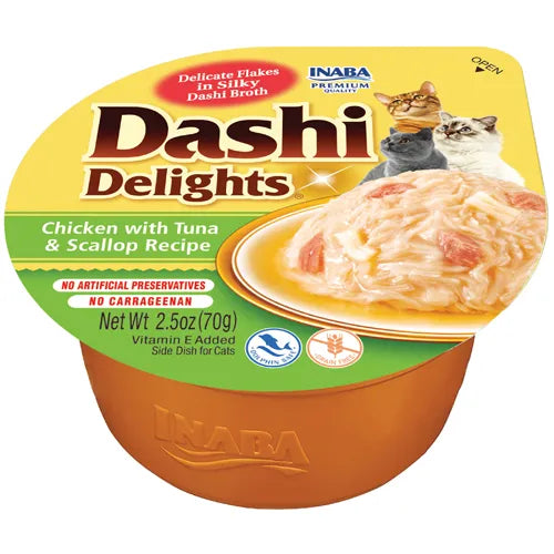 INABA DASHI DELIGHTS CUP CHKN TUNA & SCALLOP 70G 6PK(OM6)