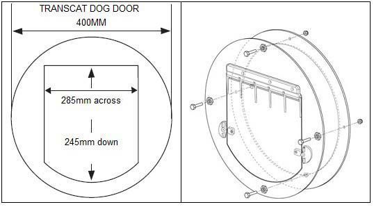 Technical drawing of a Transcat dog door with dimensions