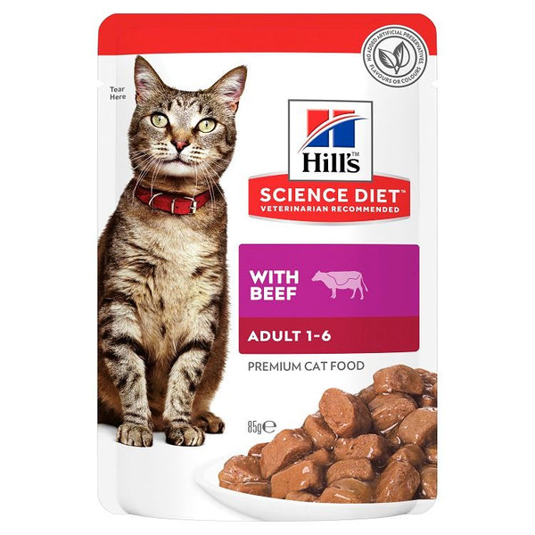 HILLS CAT ADULT BEEF POUCHES 85G 12PK (OM12)
