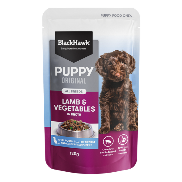 BLACK HAWK PUPPY LAMB & VEGETABLES 130G 10PK (OM10)