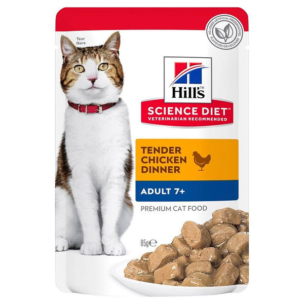 HILLS CAT ADULT 7+ CHICKEN POUCHES 85G 12PK(OM12)