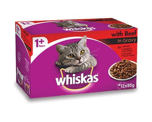 WHISKAS WET FAVOURITES WITH BEEF MVMS 85G 1X12PK