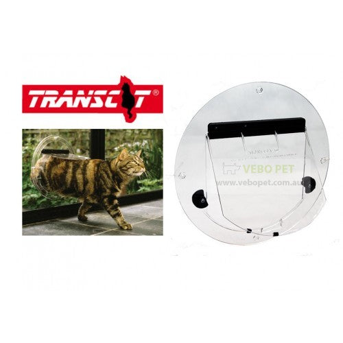 Cat door with a cat on a glass door and Transcat logo.