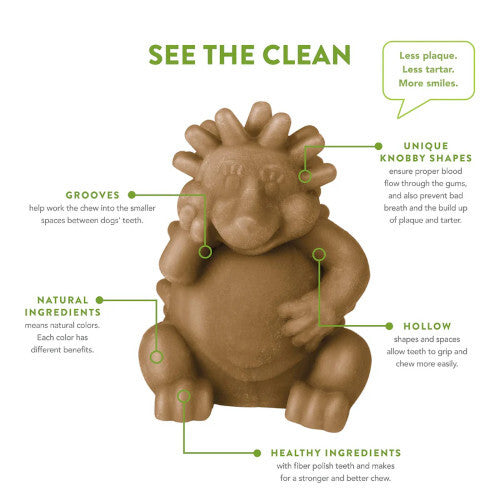 whimzees hedgehog dental dog treats with text highlighting features on a white background